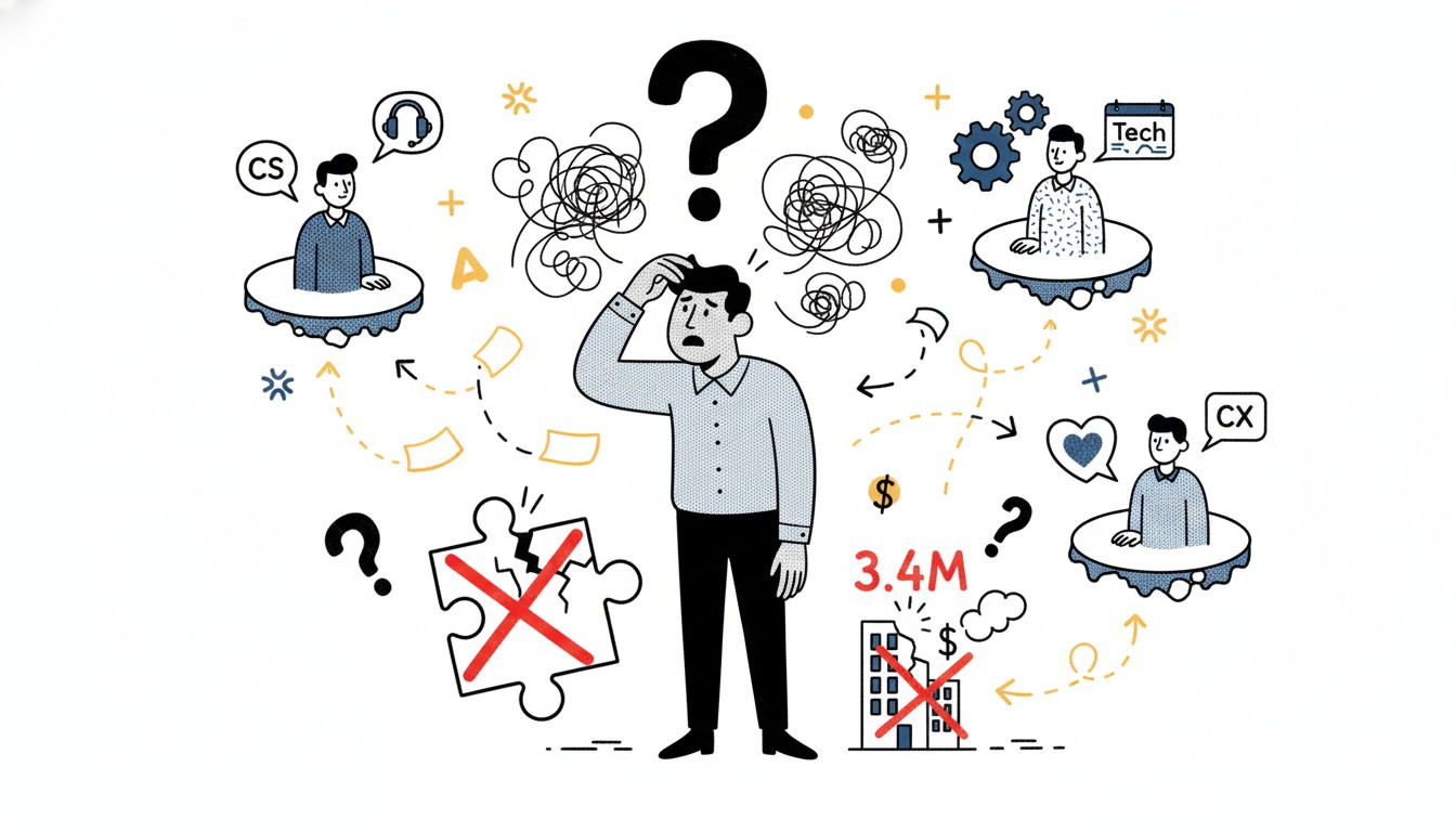 Illustration of a PM unsure which experts to consult, with CS, Tech, and CX experts on disconnected islands