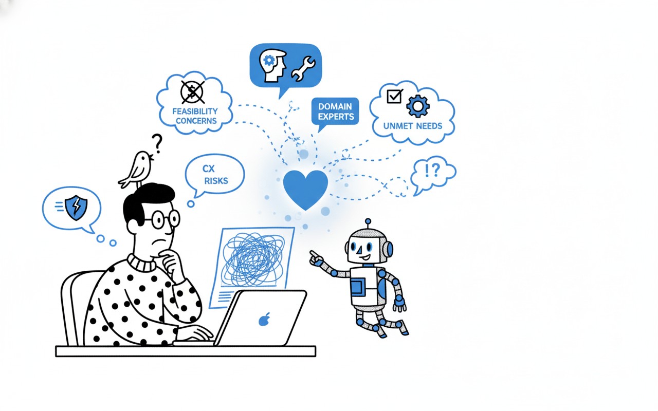 Illustration of a PM at a laptop receiving feedback from an AI agent on CX risks, feasibility concerns, domain experts, and unmet needs