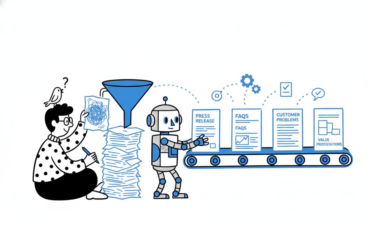 Illustration of an AI robot turning a pile of rough ideas into structured press releases, FAQs, and customer problems on an assembly line