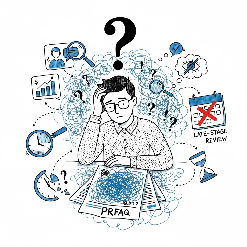 Illustration of an overwhelmed Product Manager surrounded by deadlines, scattered research, and a late-stage review