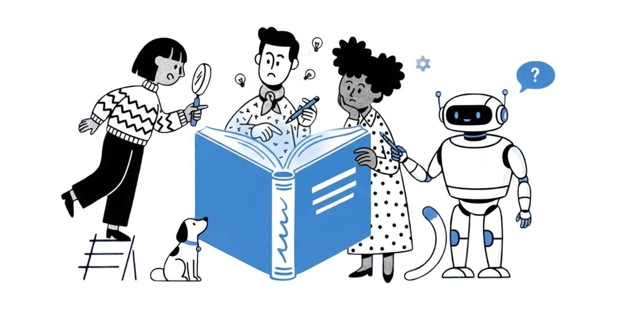 Illustration of a team and a friendly robot reading a large book together